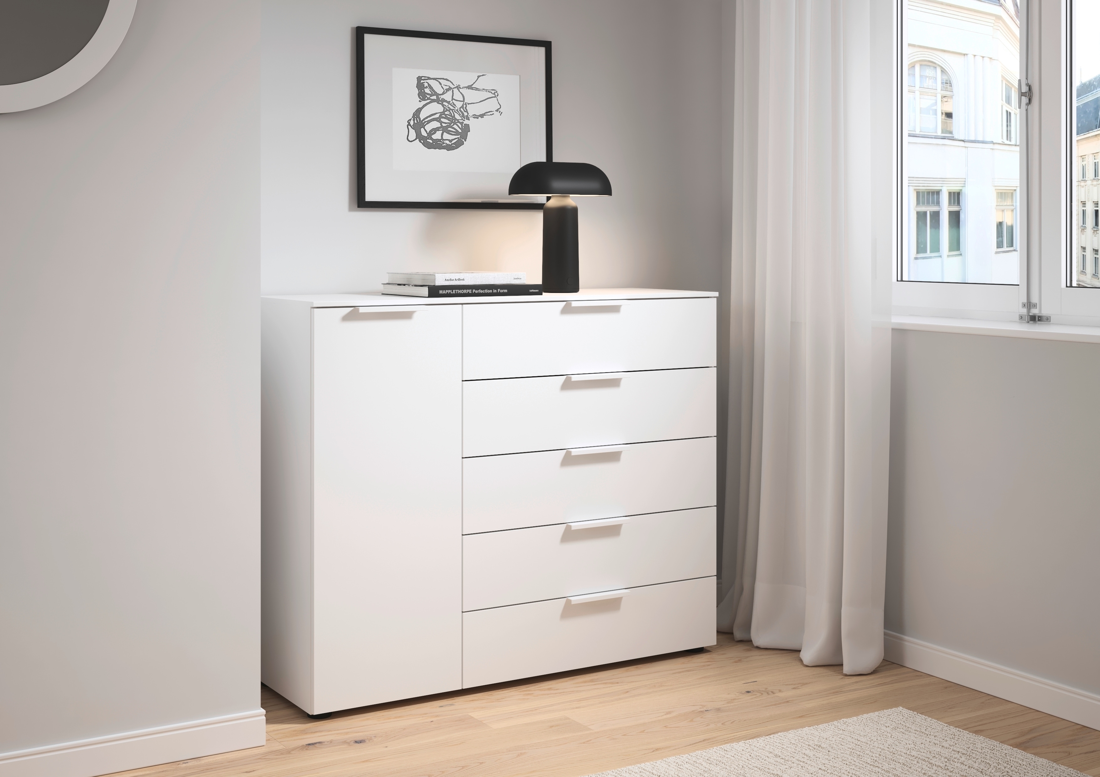 Kommode "Kommode Sideboard Schubladen Türenkommode SERINA eleganter Eyecatcher", alpinweiß, B:120cm H:100cm T:42cm, Holzwerkstoff, LEGER HOME BY LENA GERCKE, Sideboards, mit 5 Schubkästen und 1 Tür sowie Metallgriffen MADE IN GERMANY Image