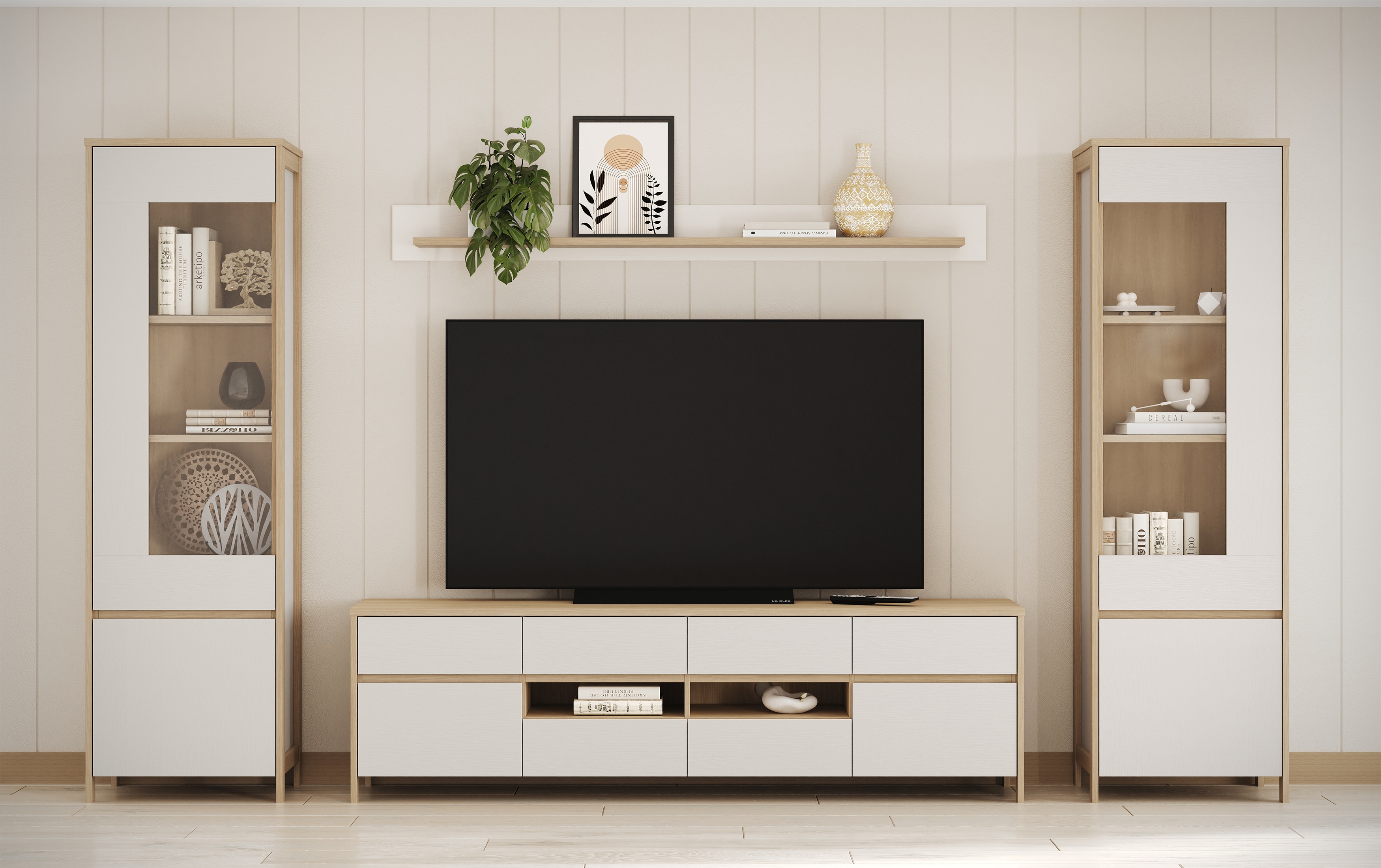 Wohnwand HOME AFFAIRE "Stranda, moderne Anbauwand, Komplettset im Scandi-Style", weiß (weiß skandi eiche), B:339cm H:195cm T:39cm, Holzwerkstoff, Kastenmöbel-Sets, Wohnwand, enthält zwei Vitrinen, Lowboard und Wandboard, 344 cm breit