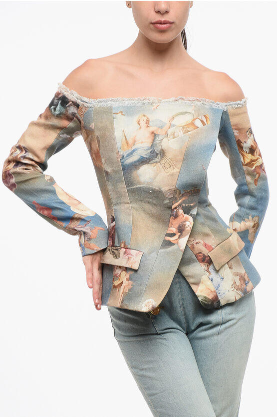 Gemusterter Off-Shoulder-Blazer aus Leinen in Mehrfarbig Image