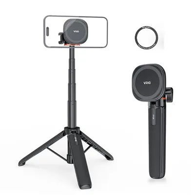 Magnetic Extend Selfie Stick Tripod w 1/4" Magnet Tripod Mount Ring Cell Phone Tripod Stand for Magsaf iPhone 15 14 13 12 Phone
