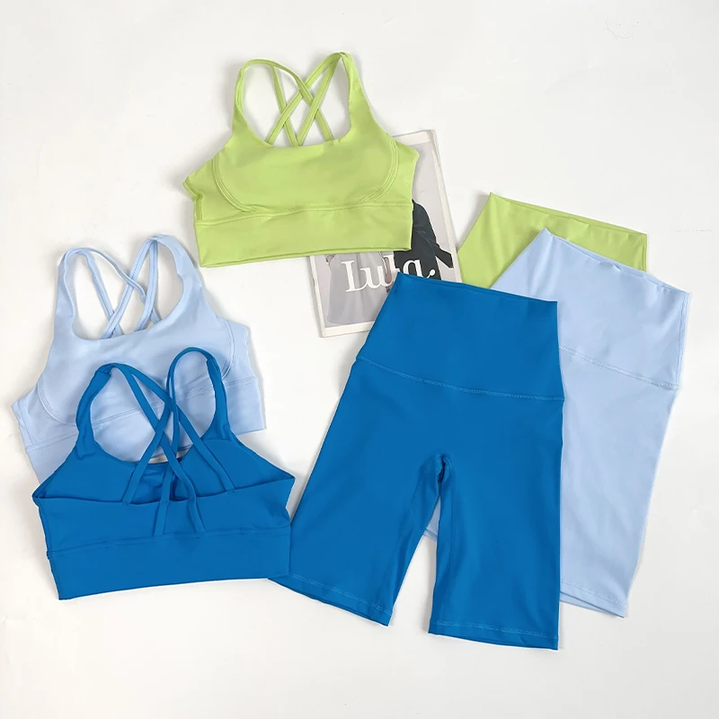 2-teilige Yoga-Shorts, Fitnessstudio, Sport-Sets, Damen-Fitness-Anzüge, Kreuz-Rücken-Top, hohe Taille, Shorts, Lauf-Workout-Kleidung, Trainingsanzug   Image