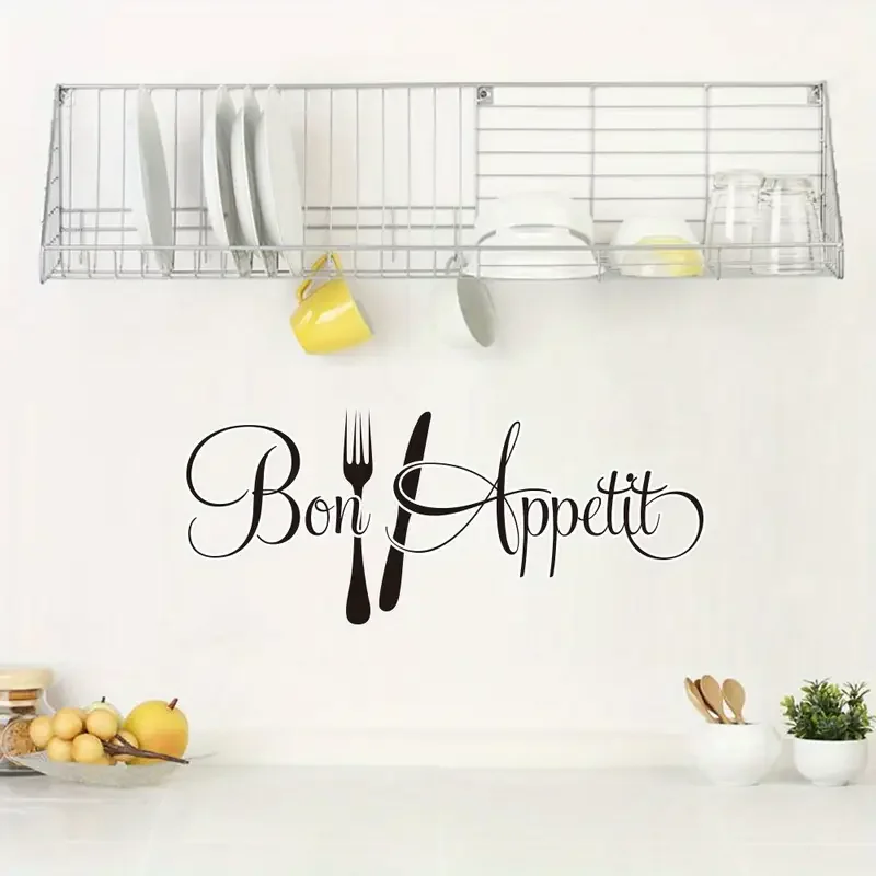 Wiederverwendbarer selbstklebender BON Appetit-Wandaufkleber – moderne geometrische Küchendekoration mit elegantem kursiven Schriftzug, keine Rückständeentfernung Image