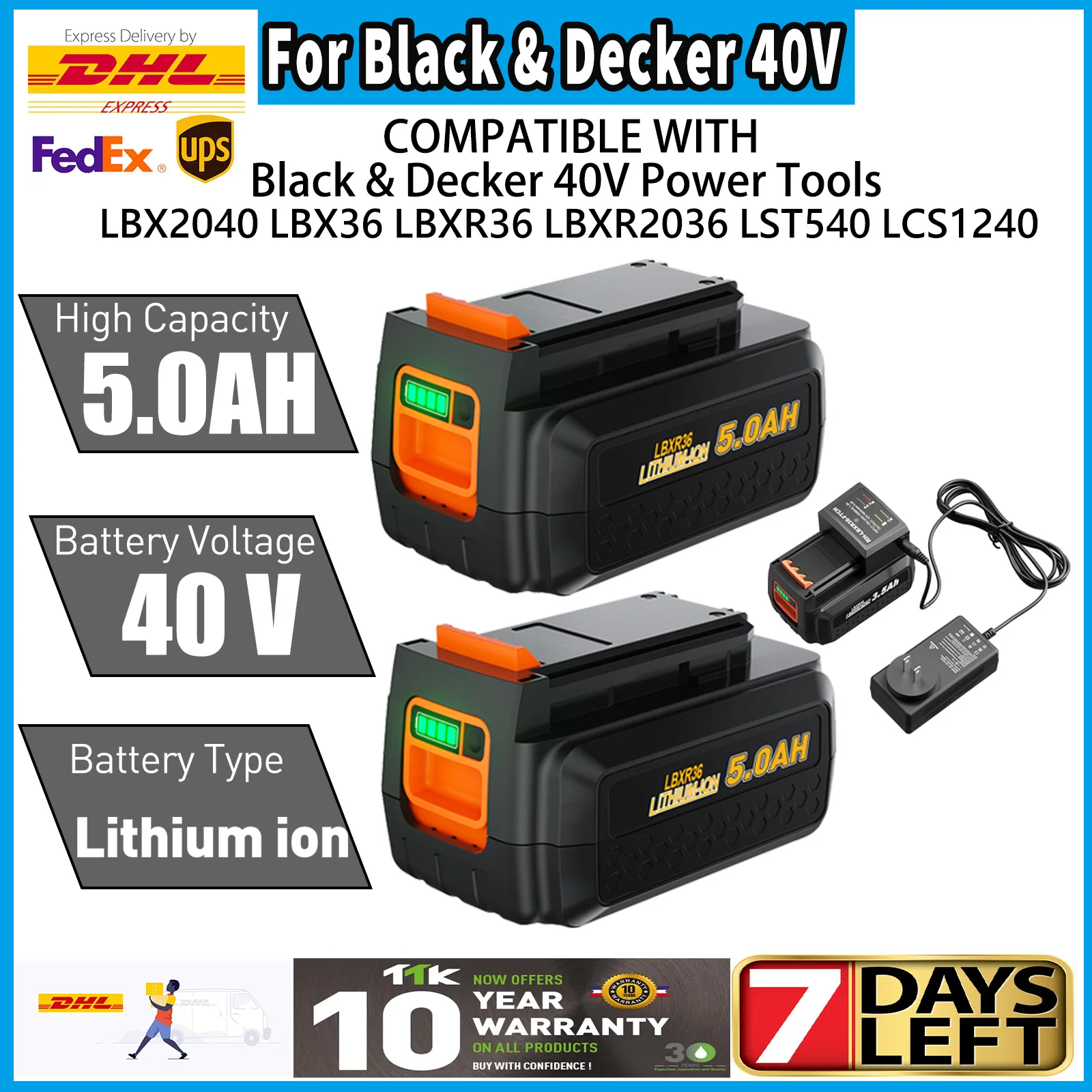 Für Black & Decker LBXR36 Akku 40V 5000mAh Li-Ion wiederaufladbares Elektrowerkzeug kompatibel mit LBX2040 BL2036 LST136 LST420 LST220 Image