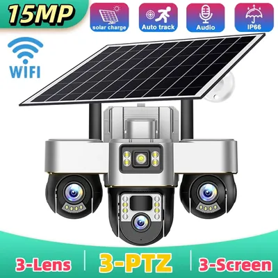 Solar WiFi Security Camera HD 15MP 3 Lens PTZ 3 Screen 10X Zoom PIR Human Detect Cameras Night Vision CCTV Security Protection