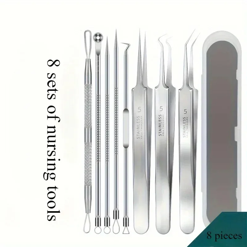 8-teiliges Edelstahl-Extractor-Set für Makel- und Poren – professionelle Gesichtspflege-Geräte für alle Hauttypen – Komedonen-Entferner-Set Image