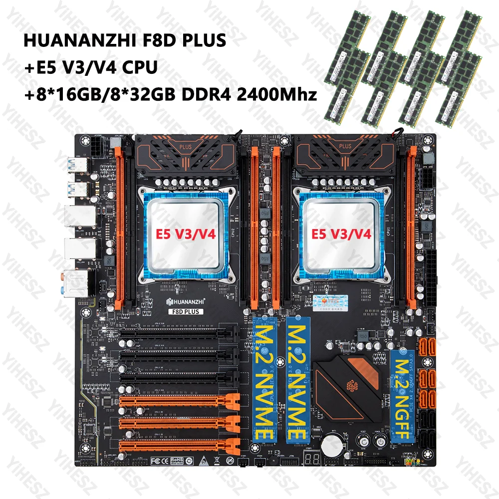 HUANANZHI X99 F8D PLUS Motherboard Set Prozessor LGA 2011-3 Mit E5 V3/V4 CPU*2 8*16G/8*32GB DDR4 2400Mhz RAM Unterstützung M.2 NVME Image