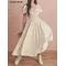 2022 Retro French style Beige Spliced Ruffle Square Collar Maxi Long Swing Dress Ruched Elastic Waist Swing Puff Sleeve Dresses