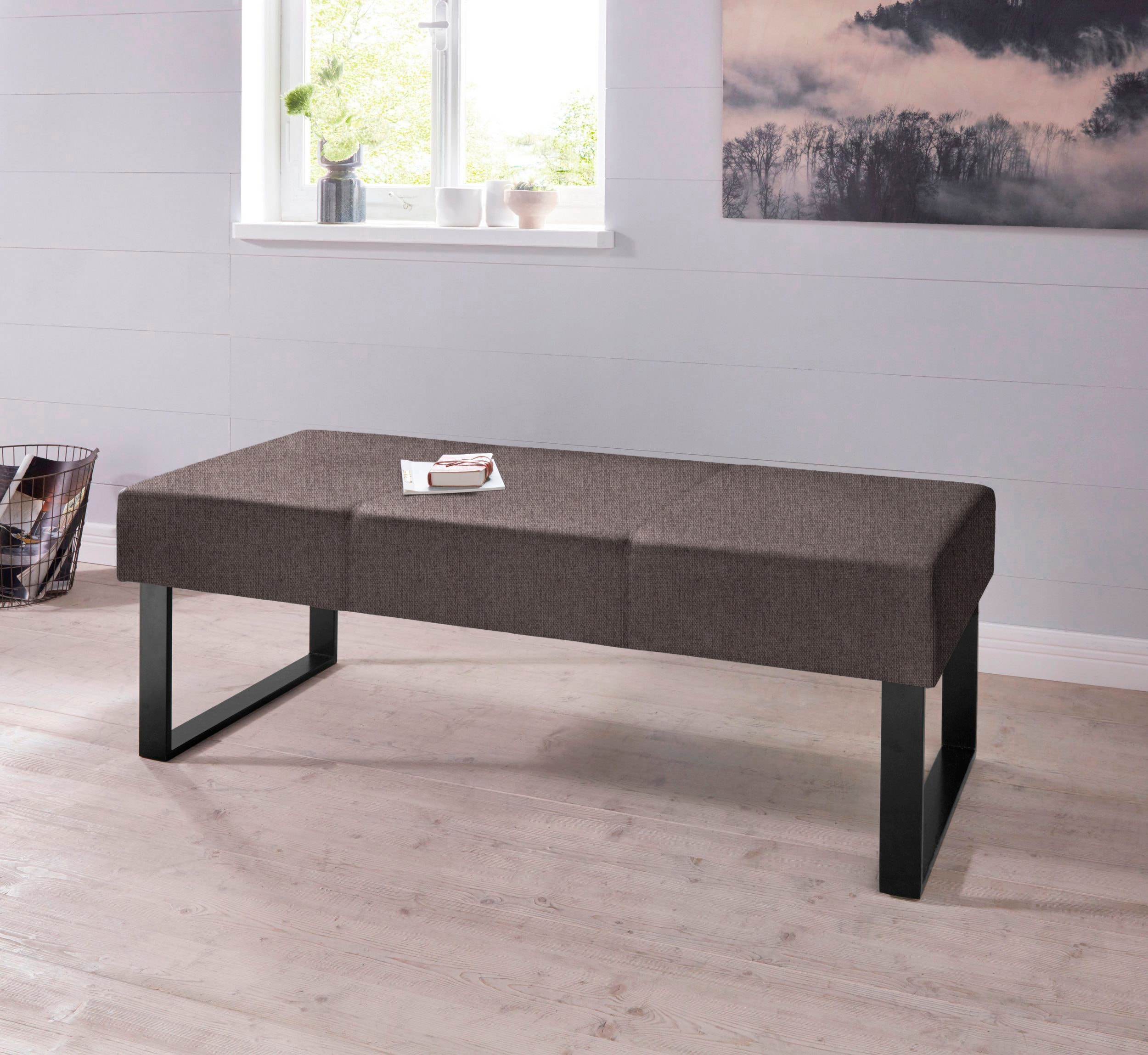 Sitzbank HOME AFFAIRE "Oliver", braun (dunkelbraun (capulet 4007), schwarz), B:140cm H:50cm T:62cm, Holzwerkstoff, Massivholz, Polyester, Sitzbänke, Sitzbank