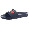 Badepantolette TOMMY JEANS "TOMMY JEANS POOL SLIDE ESS", Herren, Gr. 45, blau (dunkelblau), Synthetik, sportlich, Schuhe Badelatschen Pantolette, Sommerschuh, Poolslides, Schlappen, mit plakativer Logoflag