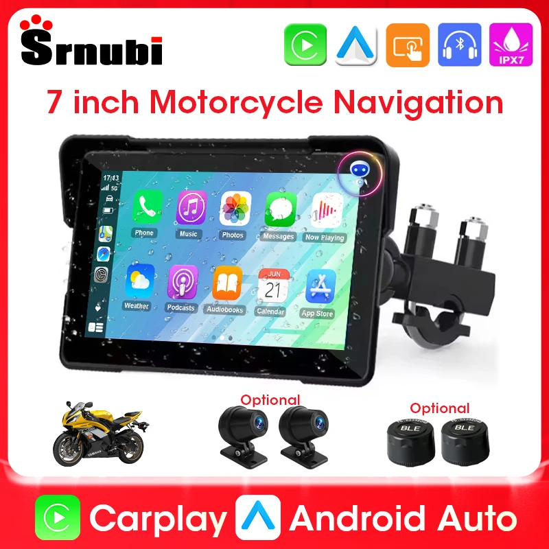 Tragbare 7-Zoll-Motorrad-GPS-Navigation, kabellos, für Apple CarPlay, Android Auto, IPX7, wasserdichtes LCD-Display, unterstützt DVR, TPMS Image