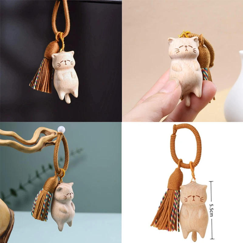 Retro Holz Katze Schlüsselanhänger handgeschnitzt süße Kitty Tasche Anhänger Dekor Auto Schlüsselanhänger für Frauen Paar Modeschmuck Accessoires Geschenk Image