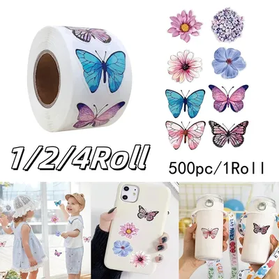 1-4Roll 500pc/Rolle Schmetterling Blume Aufkleber Kinder Belohnung Label Schreibwaren Aufkleber Notebook Wasserkocher Telefon Geschenke Dekoration werkzeug Image