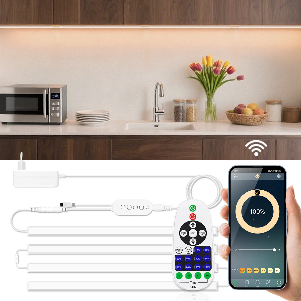 Bluetooth-Fernbedienung unter dem Schrank, dimmbare LED-Aluminiumrohrlampe, 12 V, für Theke, Schrank, Küche, Dekor, 30 40 50 cm