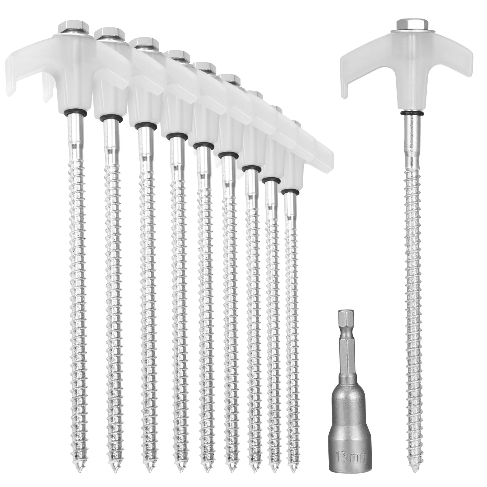 16 x Schraubklammern, Camping-Edelstahlklammern mit Transportbox und Steckschlüssel – Zeltheringe zum Schrauben auf allen Böden Image