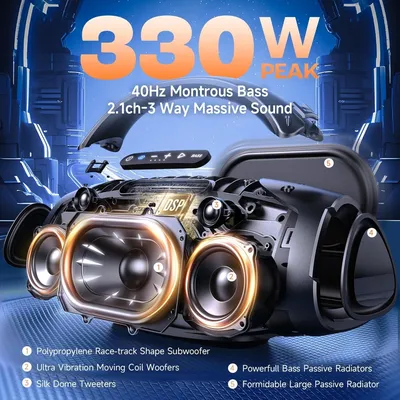 330W Peak Party Large Bluetooth Speaker, IPX7 Waterproof Speaker, Massive Bass Boom Box, Loud Wireless Outdoor Speakers