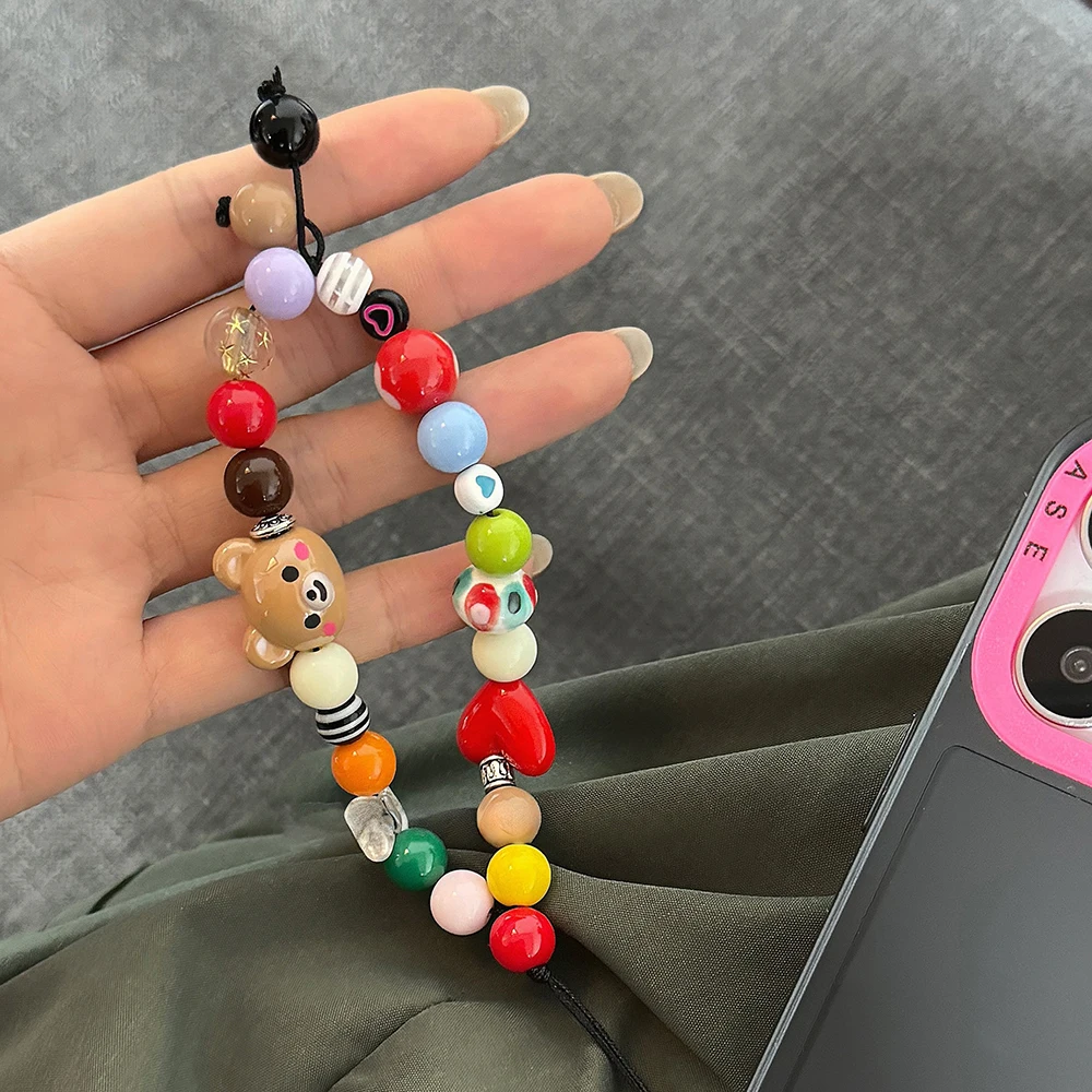 Schmuckband, süßer Bär, farbige Perlen, Handy-Schreibgurt, Charm-Kette, Schlüsselband, stilvolles Herz für alle Handyhülle, Autoschlüssel, Kameratasche Image