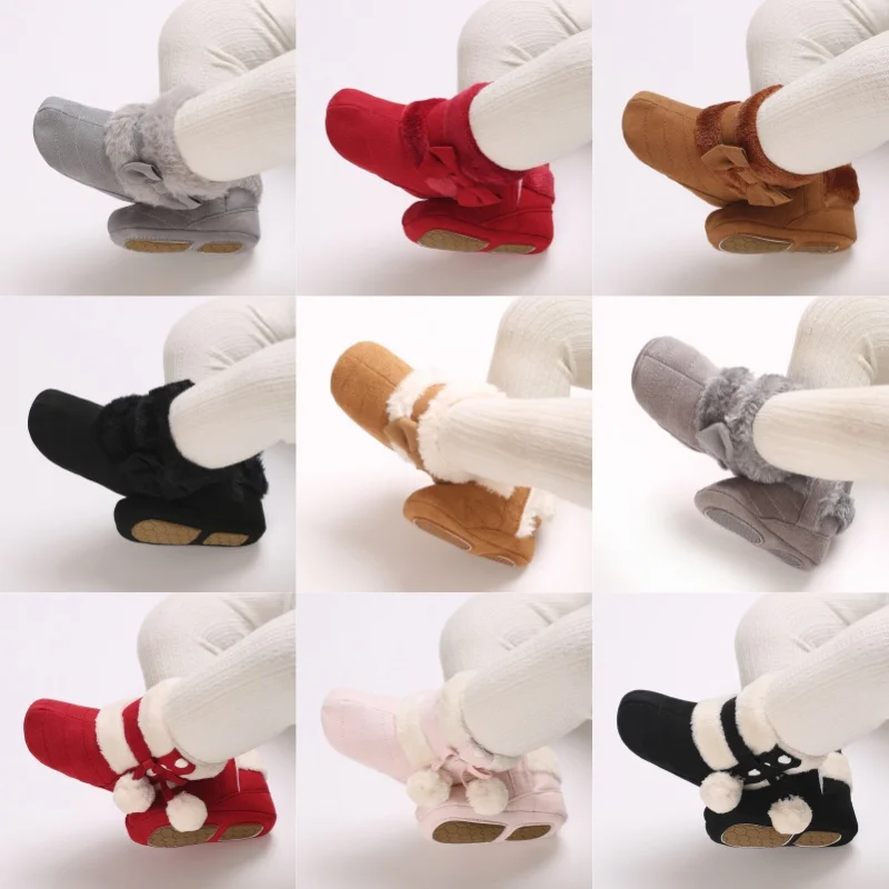Modische Winter-Plüsch-Babyschuhe mit Schmetterlingsknoten-Dekoration, Baumwollstiefel, weiche Sohle, rutschfest, Plüsch, warm, 0–18 Monate