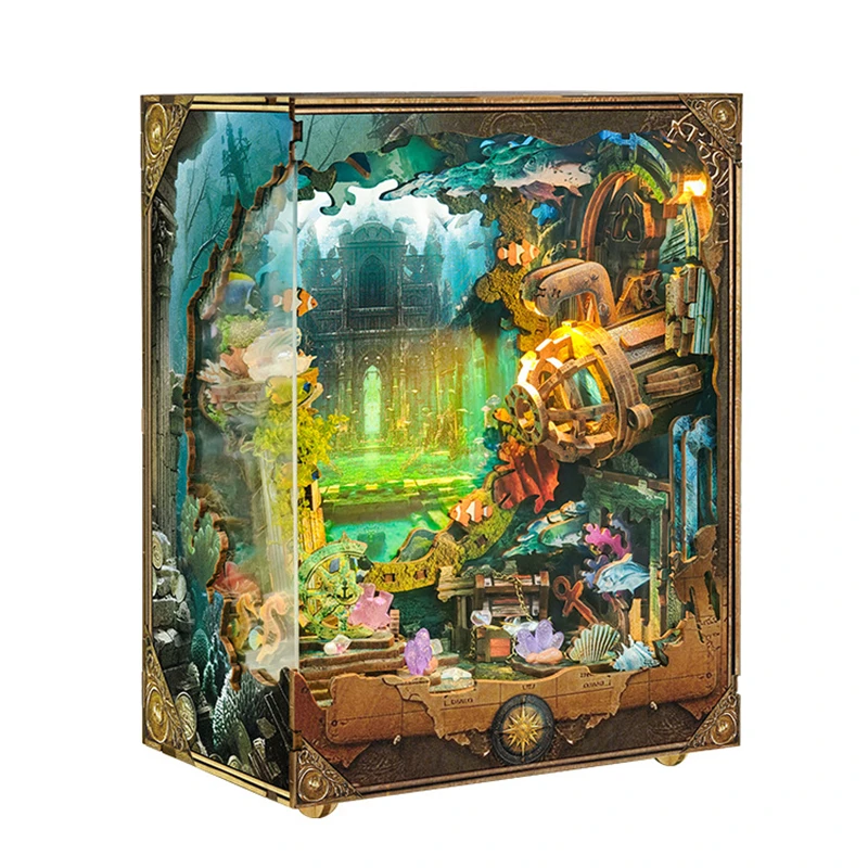 DIY Buchecke Holz Miniatur Modellbausätze Unterwasserwelt Buchstütze 3D Puzzle mit Licht Bücherregal für Freunde Geburtstagsgeschenke