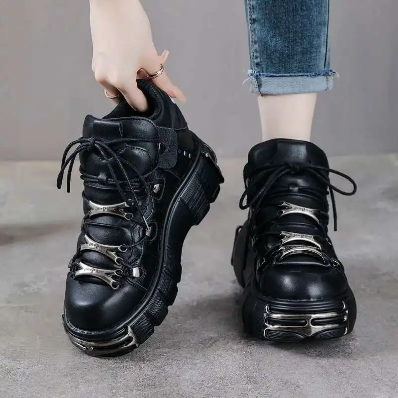 Neue Rock Schuhe Frauen Pumpt Schuhe Heavy Metal Dicken Boden High Top Punk Leder Schuhe Gothic Dark Black Rock Stiefel