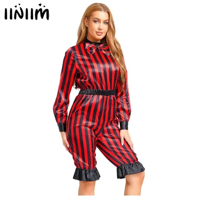 Damen Böser Clown Zirkus Halloween Cosplay Party Kostüm Gestreifter Strampler Schleife Langarm Pumphose Hose Einteiliger Overall Image