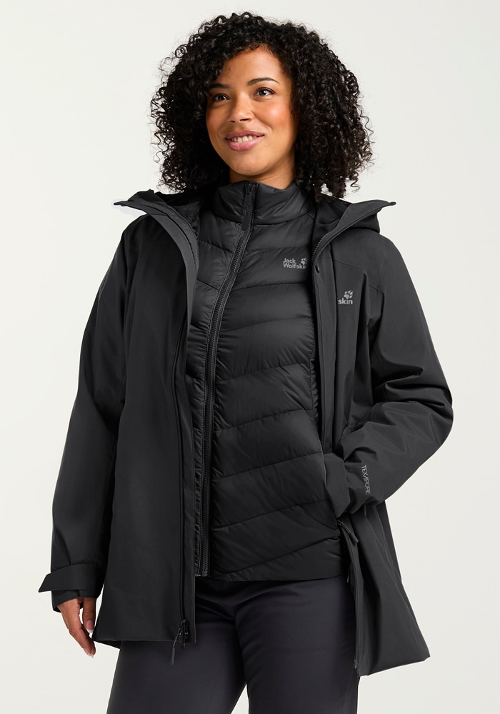 3-in-1-Funktionsjacke JACK WOLFSKIN "ICECAPE 3IN1 DOWN JKT W RDS", Damen, Gr. L (42/44), schwarz, Obermaterial: 100% Polyester. Futter: 100% Polyester. Innenjacke: 100% Polyester. Füllung: 90% Entendaune, 10% sonstige Fasern, Jacken