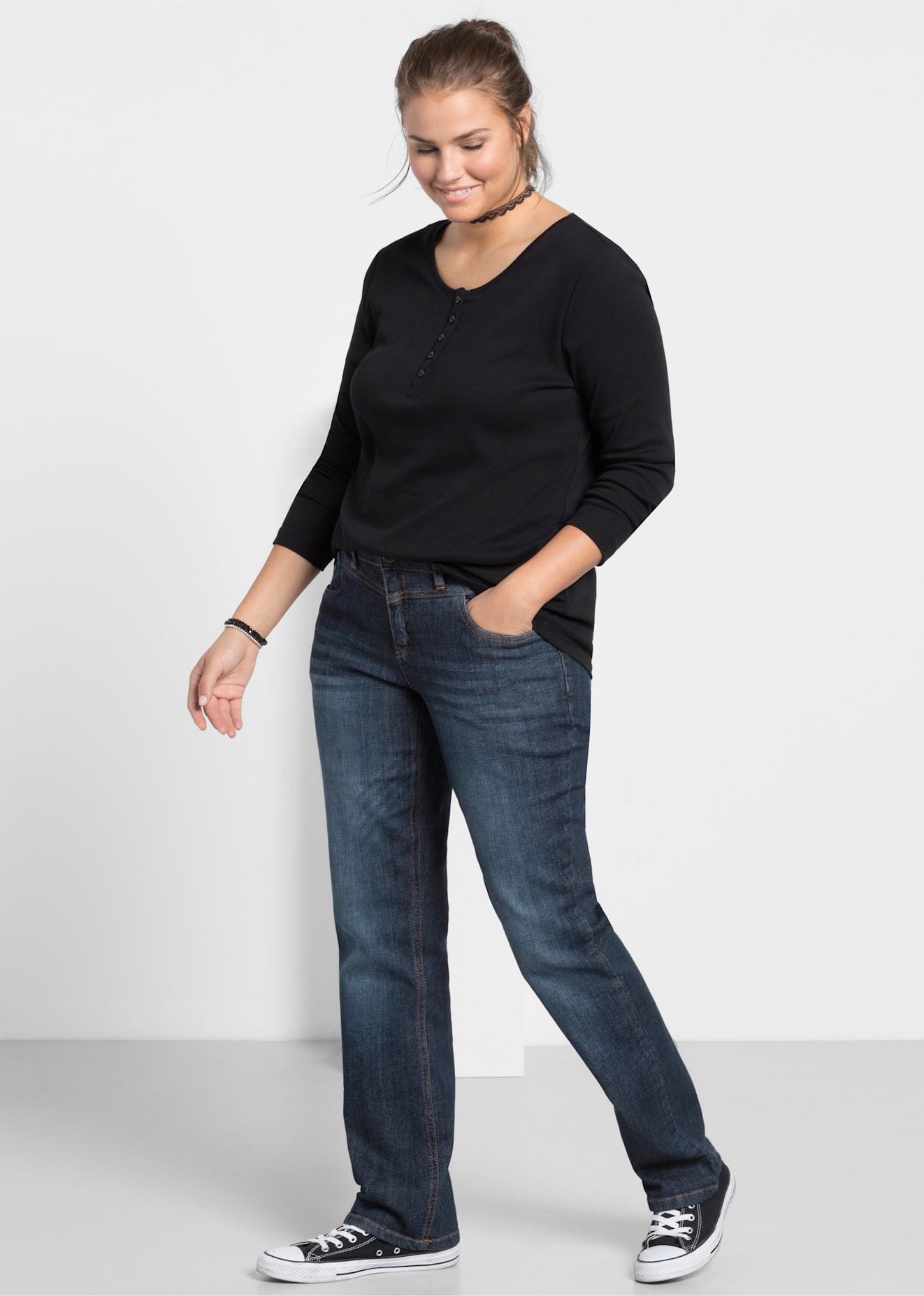 Stretch-Jeans SHEEGO, Damen, Gr. 116, Langgrößen, blau (dunkelblau denim), 98% Baumwolle, 2% Elasthan, unifarben, lang, Jeans Image