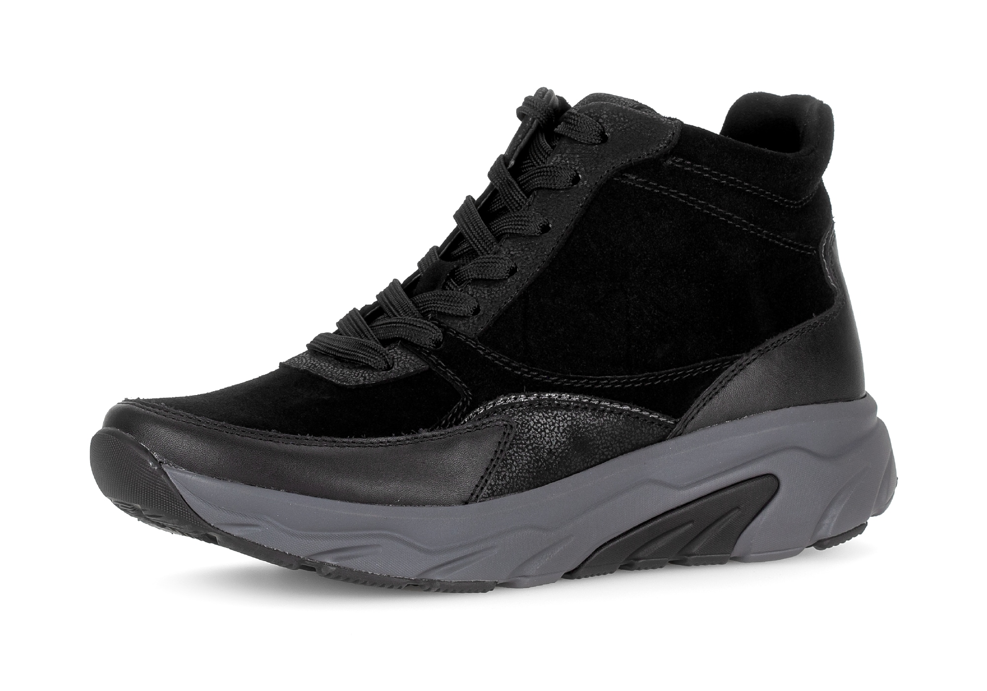 Keilsneaker GABOR ROLLINGSOFT, Damen, Gr. 39, grau (schwarz, anthrazit), Kalbsleder, Veloursleder, Schuhe, Schnürboots, High Top-Sneaker, Komfortschuh, gepolsterter Schaftrand