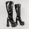 LAIGZEM Frauen Kniehohe Stiefel Plattform 14,5 CM Runde Kappe Glänzende High Heels Hohe Stiefel Full Zip Up Schuhe Frau Große größe 36 38 42 43