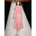 Robes longues d'été en dentelle pour femmes, col rond, manches courtes, paillettes, perles, fleurs tridimensionnelles, coutures à volants, 2025