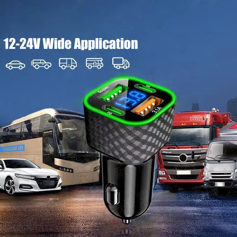 UYUXIO 4-in-1 USB C Autotelefon-Ladegerät-Adapter Super Fast im Auto mit LED-Spannungsanzeige Dual PD für iPhone 16 15 14 Samsung Image