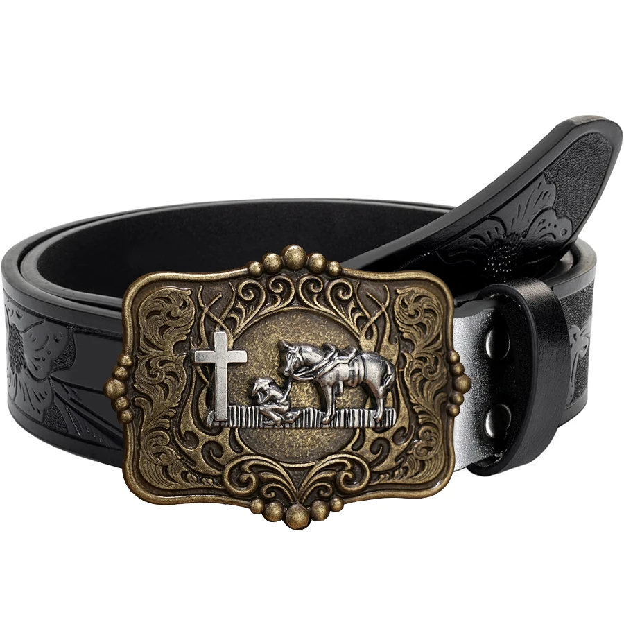 1 Stück Herrengürtel im westlichen Stil, Gebetspferdekreuz, geschnitzte Blumenmuster und lange Hornverzierungen, Retro-Stil, toller Valentinstag Image