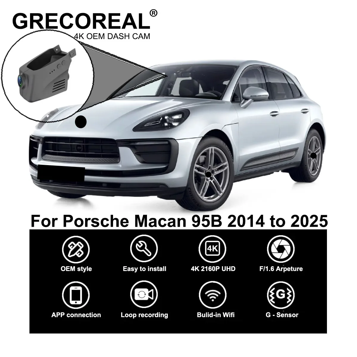 GRECOREAL 4K Dash Cam Vorne und Hinten WiFi Auto Dual Dashcam APP Steuerung Einfache Installation Plug Play Kompatibel mit Porsche Macan 95B Image