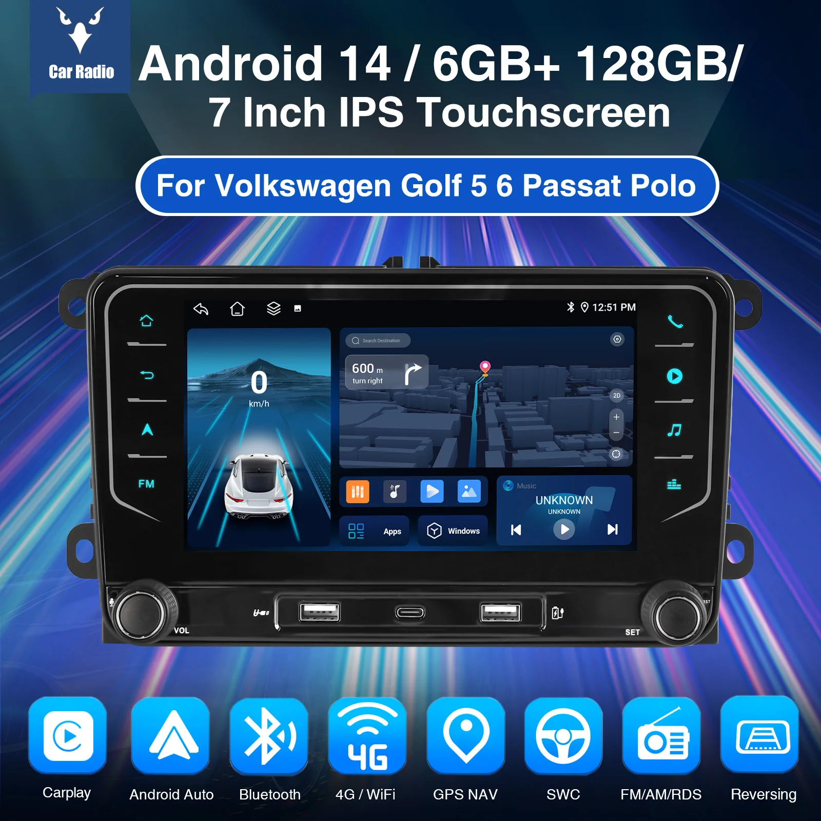 ESSGOO Android 14 7" 6+128G 4G Autoradio für VW GOLF 5 6 Touran Caddy Passat Polo GPS Navigation Carplay Android Auto DSP AM BT WIFI Mirror Link Touchscreen Multimedia Videoplayer Image