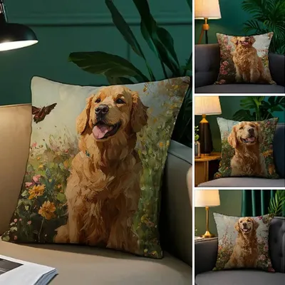 Niedlicher Hund Golden Retriever Kissenbezug Plüschstoff Weicher Kissenbezug Doppelseitiger Druck Sofakissenbezug Überwurf Image