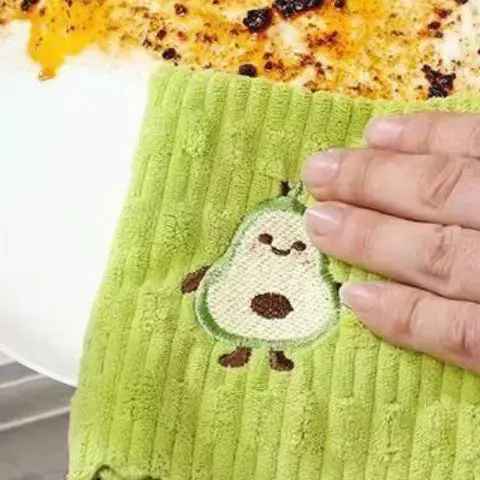 4er-Pack Cartoon-Avocado-Muster, verdickter Polyesterlappen, Küchengeschirrtuch, Reinigungstuch, besticktes Handtuch, saugfähiges quadratisches Handtuch Image