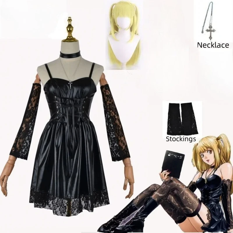 Misa Amane Death Note Cosplay Kostüme Kunstleder Sexy Kleid Halskette Spitze Ärmel Strümpfe Frauen Uniformen Anime Outfits Image