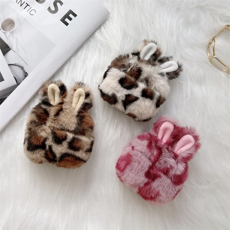 Niedliche Cartoon-Hasenohren, Plüsch, Leopardenmuster, Kopfhörerhülle für Airpods Pro 4, 3, 2, 1, Headset-Schutzhülle für Air Pods Pro 2 Image