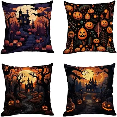 Gruselige Halloween-Kissenbezüge: Burgen, Kürbisse und Mondlichte Nächte. Sofakissenbezug, Feiertagsfeier-Dekoration, Geschenk Image
