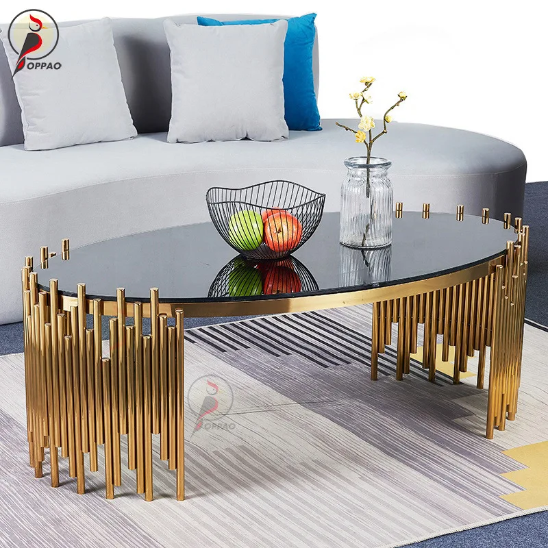 Innenmöbel, ovaler Couchtisch aus Edelstahl, Ecktisch, modernes Design, runder Kantentisch, modisches Goldglas, rund Image