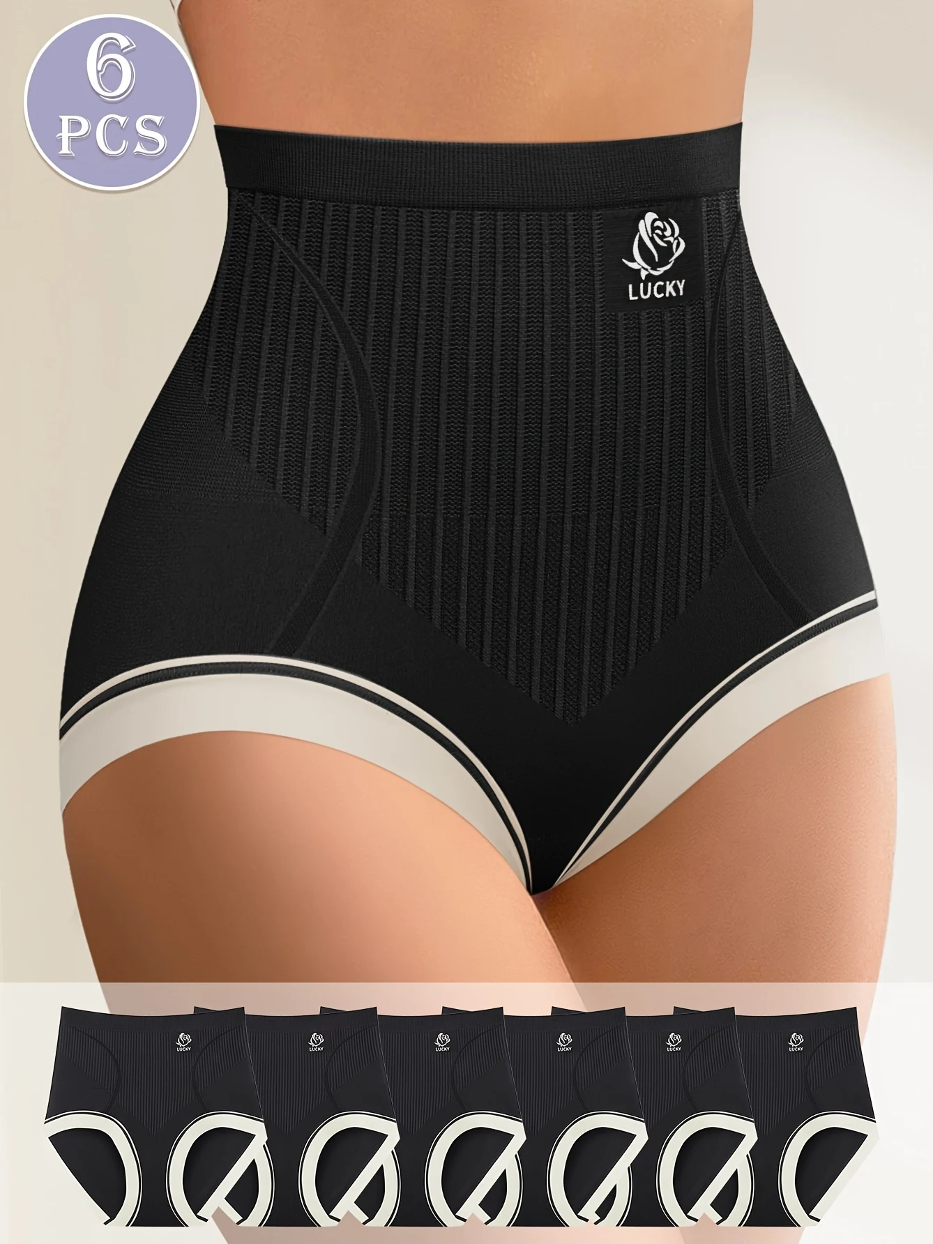 6er-Pack MIOTAN Elegante Damen-Slips mit hoher Taille und Bauchkontrolle, Farbblock-Strickstoff-Nylon-Unterwäsche mit Po-Lifting Image