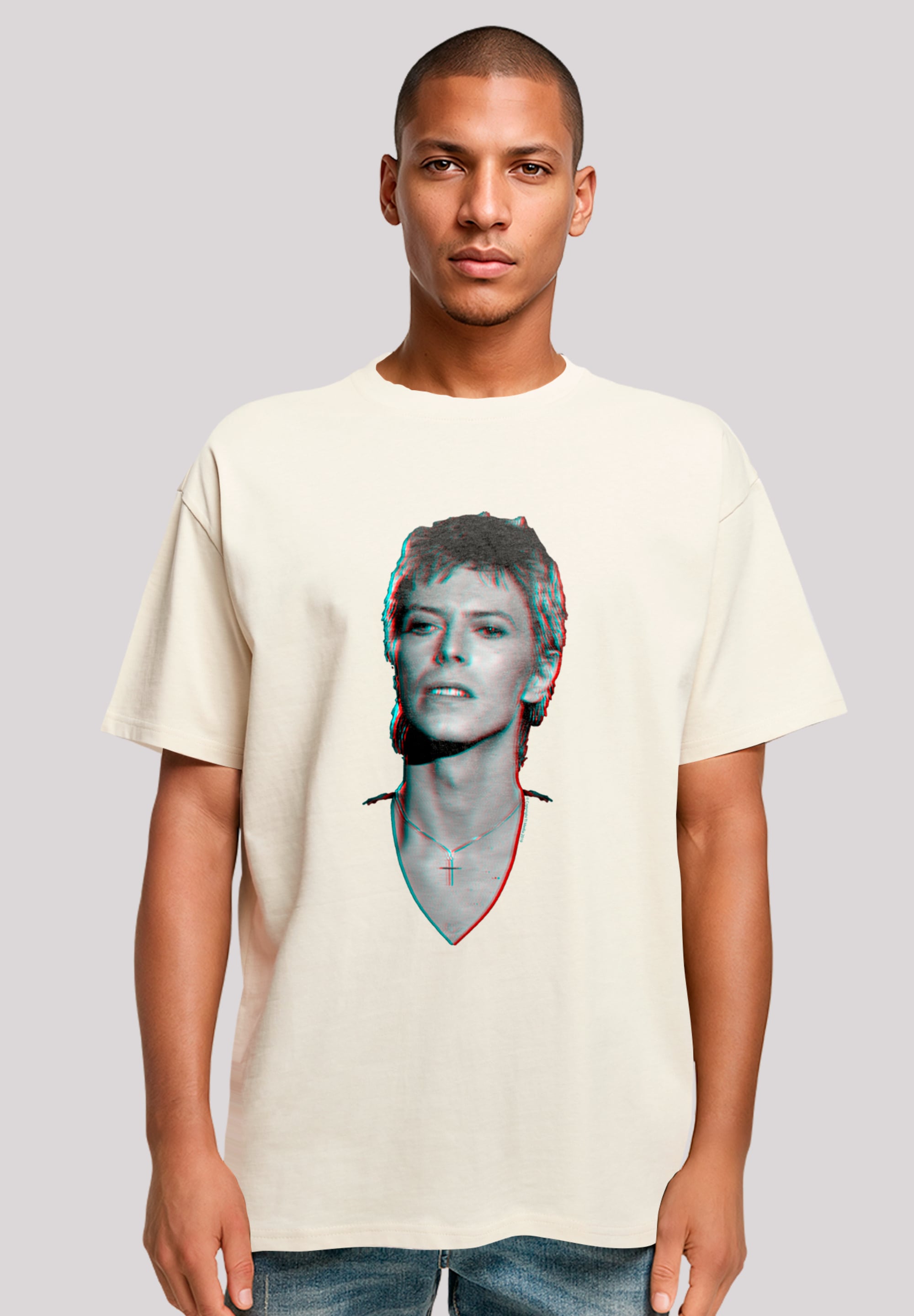 T-Shirt F4NT4STIC "TV Times Pop Star David Bowie Portrait 1977", Herren, Gr. S, sand, Obermaterial: 100% Baumwolle, oversize, Rundhals, ohne Bündchen, Shirts, Premium Qualität Image