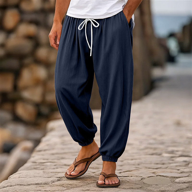 Men's Linen Pants Trousers Summer Pants Jogger Pants Elastic Waist Straight Leg High Rise Solid Color Plain Comfort Breathable Full Length Wedding Holiday Vacation Fashion Black White High Waist