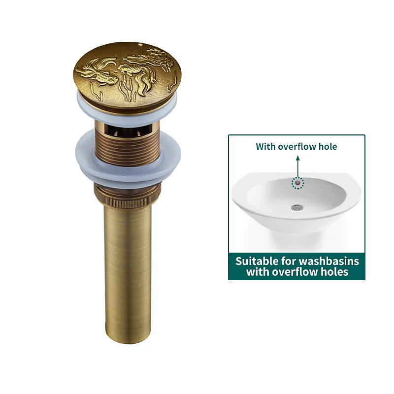 Engraved Antique Brass Pop Up Bathroom Sink Drain Strainer Stopper no Overflow Hole Kitchen Basin Sink Bottle Trap Drainer