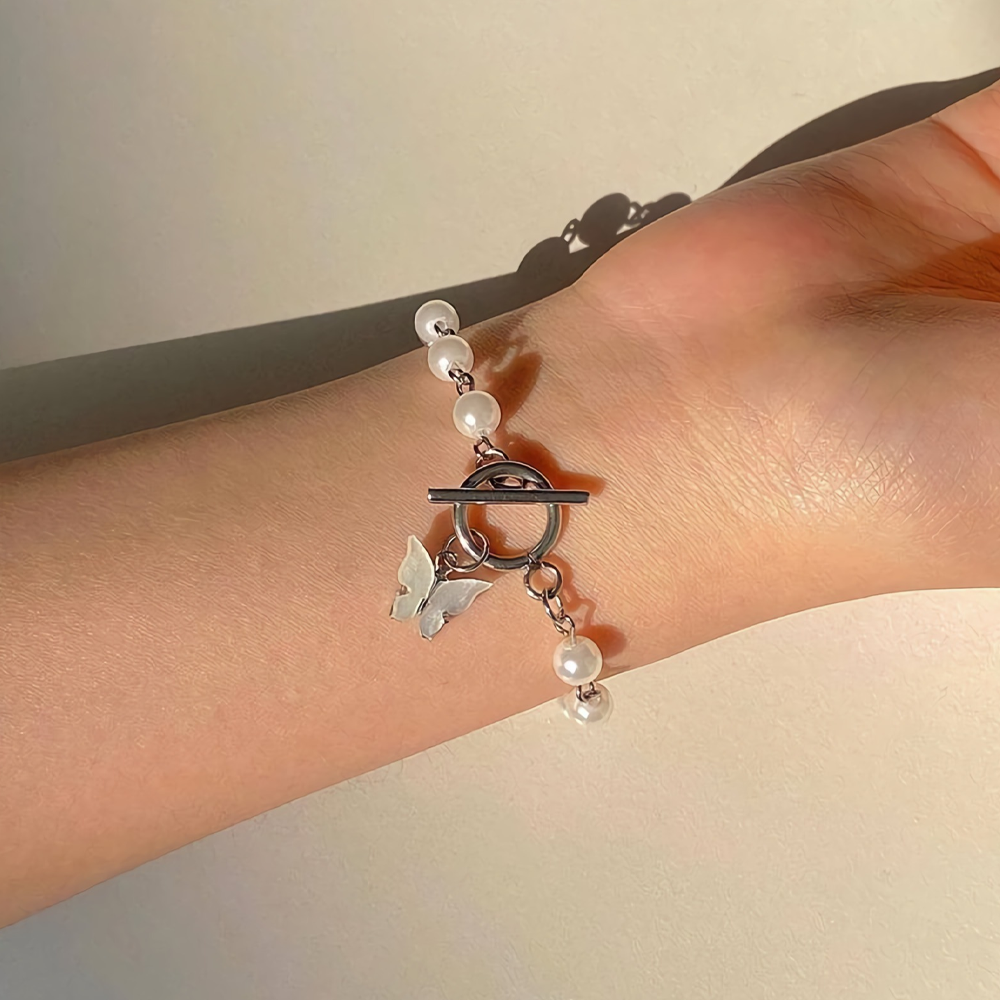 Butterfly Charm Bracelet With Pearl Chain Butterfly Charm Bracelet With Pearl Chain