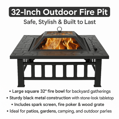 32 Square Outdoor Metal Fire Pit Wood Burning Patio Heater With Mesh Cover & Poker 32 Square Outdoor Metal Fire Pit Wood Burning Patio Heater With Mesh Cover & Poker