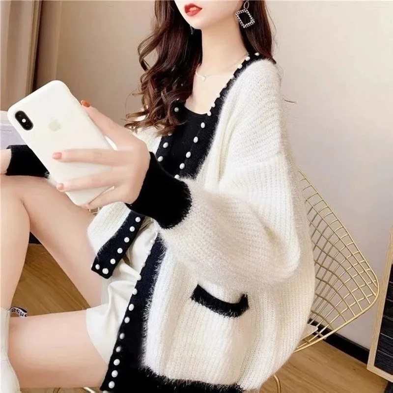 Autumn Winter Thick Warm Chic Beading Sweater Fashion Loose Knitted Coats New Casual Soft Streetwear Women Sweater Autumn Winter Thick Warm Chic Beading Sweater Fashion Loose Knitted Coats New Casual Soft Streetwear Women Sweater White L 50 55kg