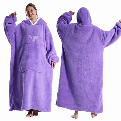 Extra Long Wearable Blankets Winter Flannel Hooded Blanket With Full Sleeves Men Women Cozy Soft Throw Adult TV Blanket purple cloth Length 140cm
