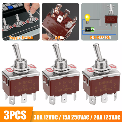3PCS Toggle Switch Heavy Duty 20A 125V 15A 250V DPDT ON OFF ON 6 Pin Spade Terminals For Car Marine RV Truck DIY 3PCS Toggle Switch Heavy Duty 20A 125V 15A 250V DPDT ON OFF ON 6 Pin Spade Terminals For Car Marine RV Truck DIY