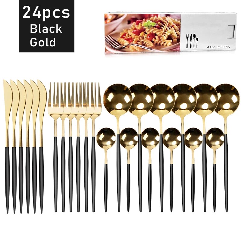 24 Piece Gold Stainless Steel Dinnerware Set Flatware Cutlery Set With Knife, Fork, Spoon, And Tea Spoon Black Gold