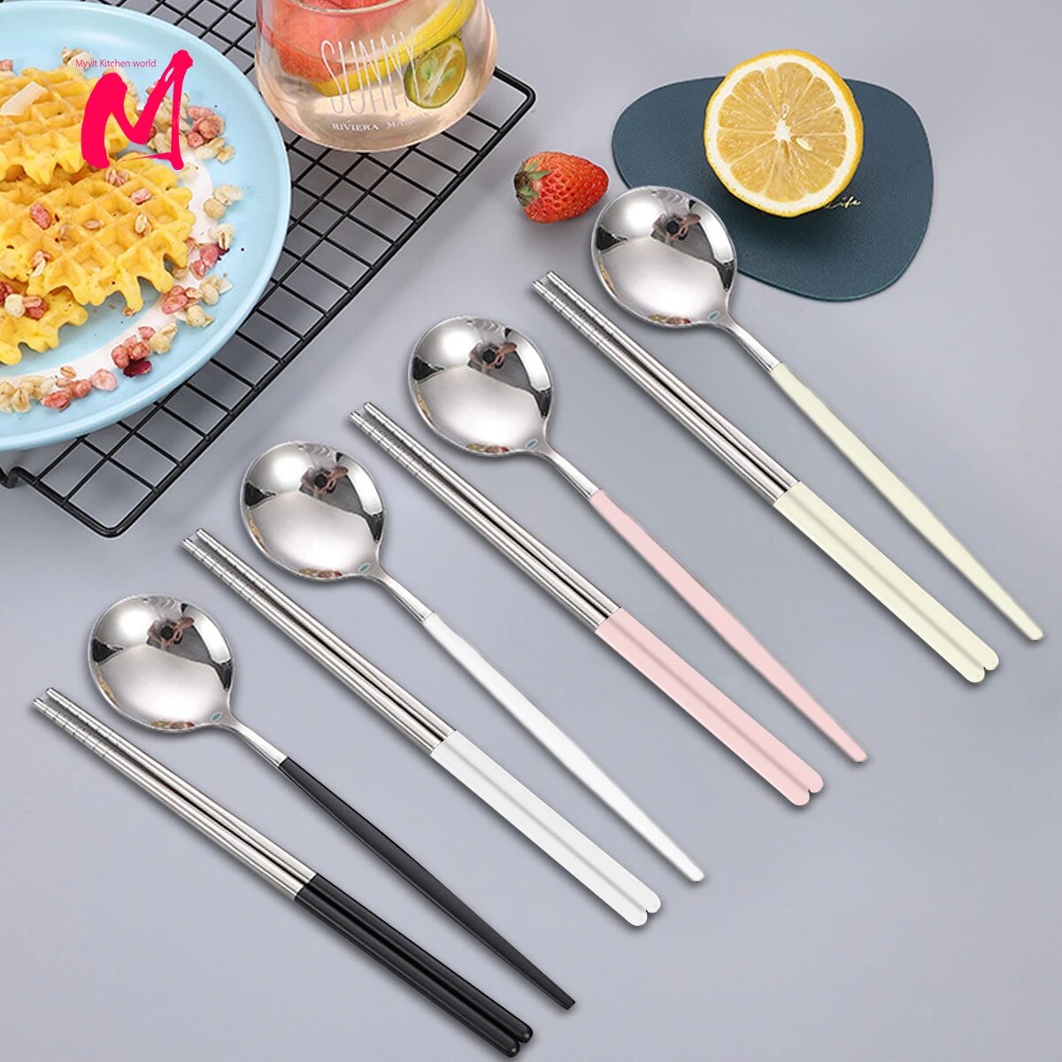 Reusable Stainless Steel Chopsticks & Spoon Set Non slip Sushi Sticks, Soup Spoon, Dinnerware 4 Set Black